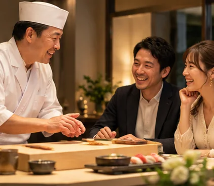 職人と会話しながら楽しむ二人