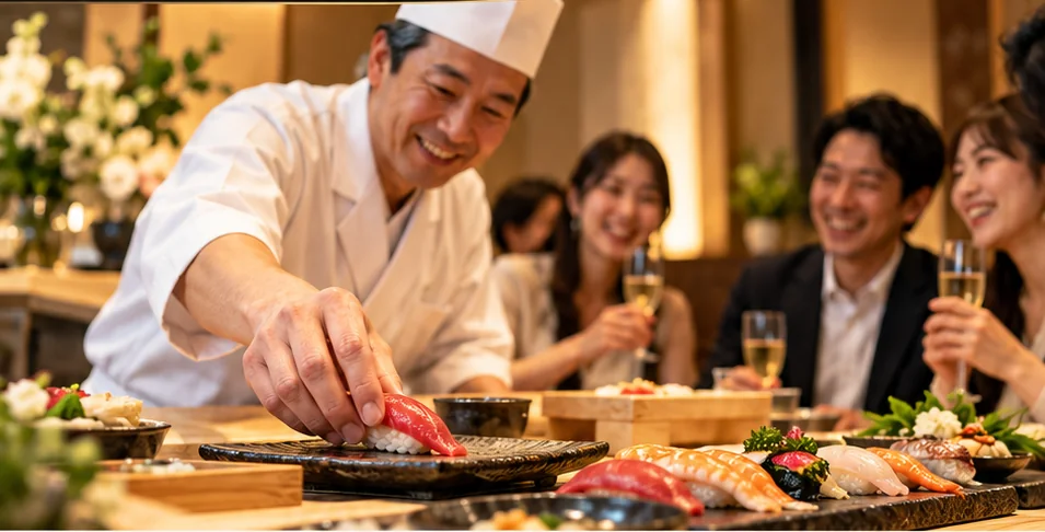 宴会で職人が握りをお出しする様子